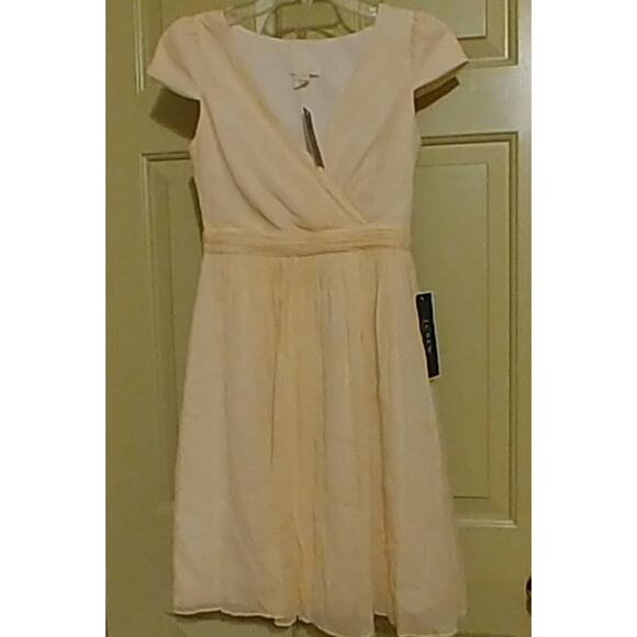 J Crew Dress Mirabelle Champagne 100% Silk Chiffon Midi Faux Wrap Petite Sz. 2 - Picture 2 of 5